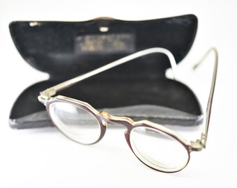 eyewear French vintage eye glasses optical frames with case round rim flat top tow tone red brown clear optician prop display retro fashion