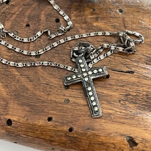 vecchio argento francese vintage piccolo ciondolo croce di LOURDES strass argento specialità catena marchio produttore collana di fede religiosa gioielli antichi 3g immagine 2