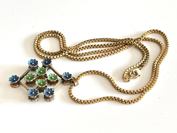 enamel flower pendant necklace French vintage MCM… - image 1