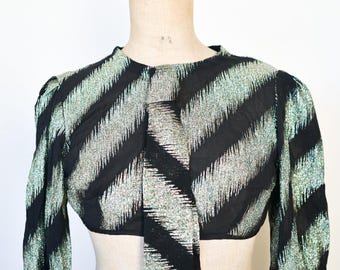 Chaqueta corta tipo bolero con escote bajo para fiesta de noche, estilo francés vintage, glamuroso y deslumbrante, hecha a mano, con hilo metálico negro y dorado, para adultos, talla pequeña de los años 60.