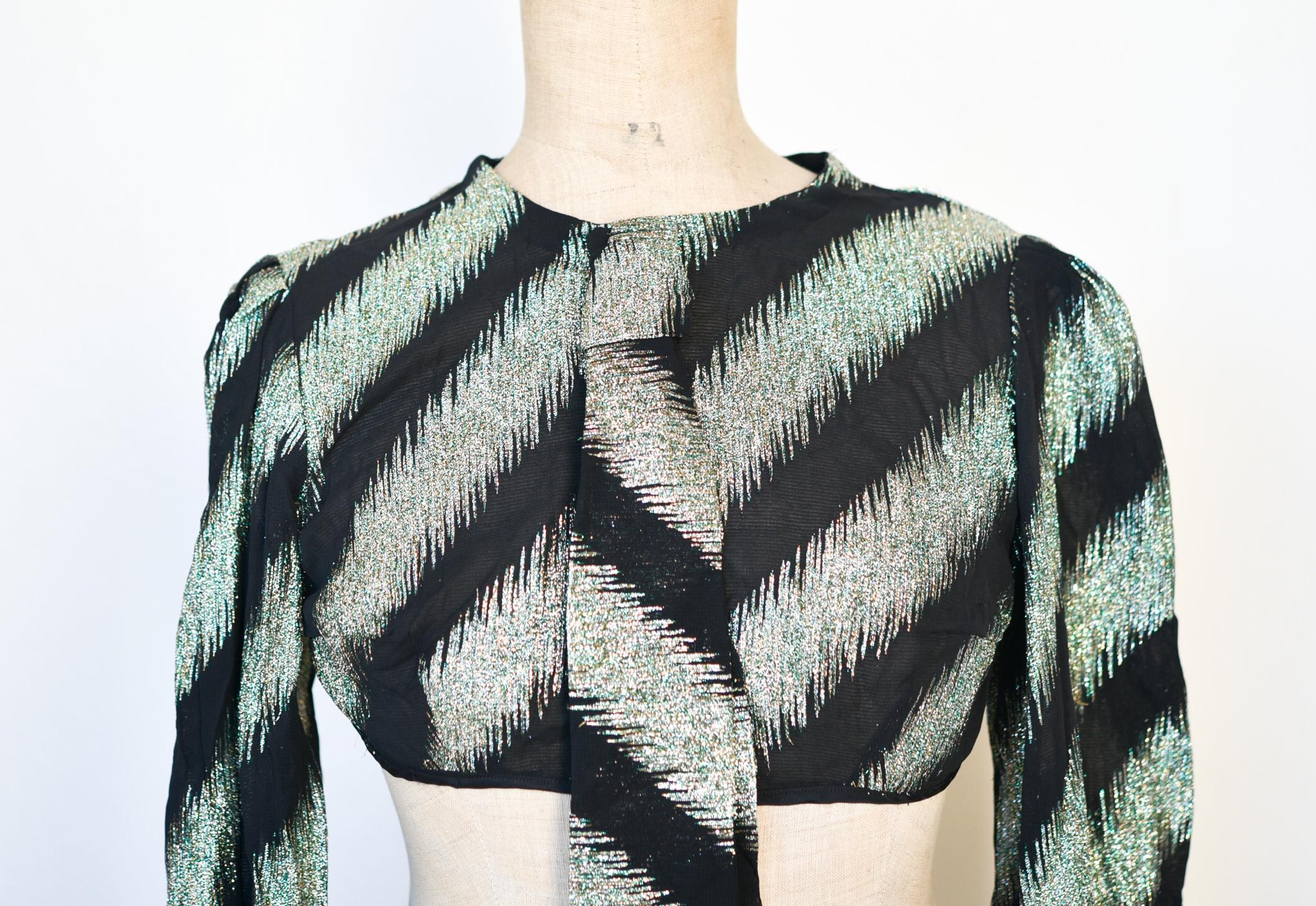Bolero Kurz Top Unterbrust Jacke Abend Party French Vintage Glitzer Glam Mode handgemacht schwarz Gold Metallic Faden Erwachsene klein 60s