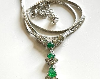 necklace vintage Christian DIOR Germany signed CHR Dior verso silver chain faux emerald green cabochon drop pendant adjustable MCM 60s rare
