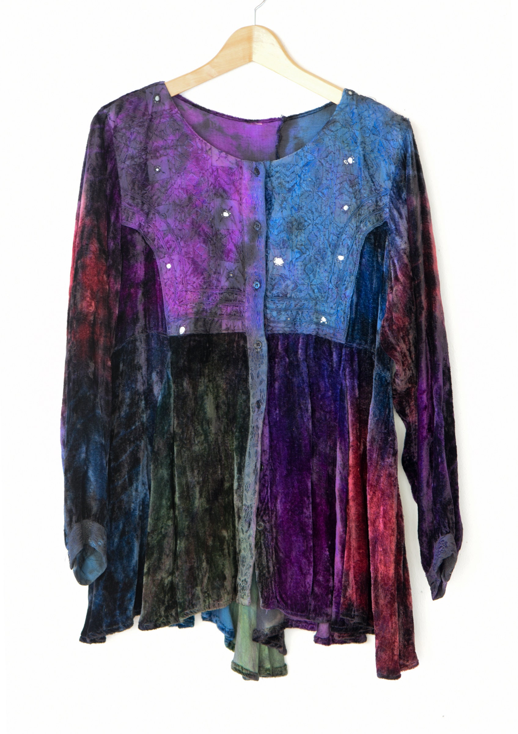 Image of Crushed Velvet Tie Die Long Tunic Top Vintage Rainbow Jacket Purple Blue Sleeve Mirror Detail Bohemian Fashion C.S