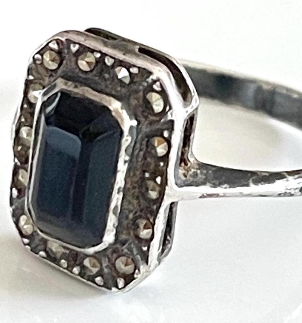 Bague Argent Massif Avec Onyx Et Marcassites - Taille 54 - Occasion