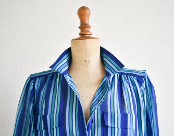 80/'s sz S Teal Ideas Button Down Collared Fit and Flare Elastic Waist Midi Shirtdress 1980/'s Vintage Mod Workwear Streetwear Small