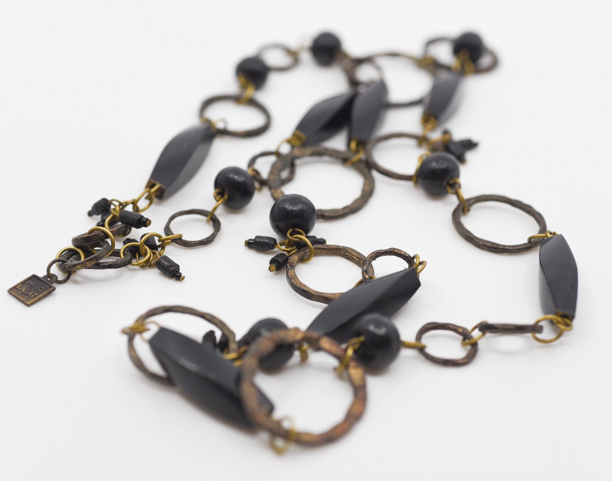 necklace Marc Labat vintage designer costume jewellery long single strand French sautoir black brass modernist revival made in France c1980s