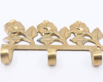 hook rack brass rose flower motif French vintage 3 peg French vintage organisation storage country home decor for the wall 13.2cm 5" rare