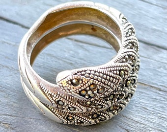 snake ring chunky hallmarked silver marcasite vintage sacred symbolic protection ancient wisdom vintage statement jewellery 12g