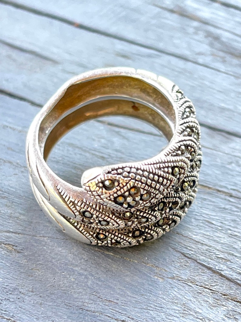 snake ring chunky hallmarked silver marcasite vintage sacred symbolic protection ancient wisdom vintage statement jewellery 12g image 1