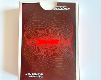 playing card game vintage gestetner brand merchandising collectible red spiral motif new old stock NOS previously unused wrapped boxed 1960s