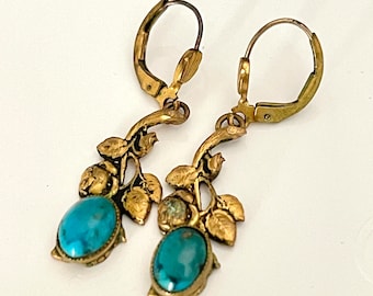 earrings dangle drop French vintage dormeuse stem pierce earlobe gold leaf turquoise art deco style jewellery elegant evening old glam 1930s