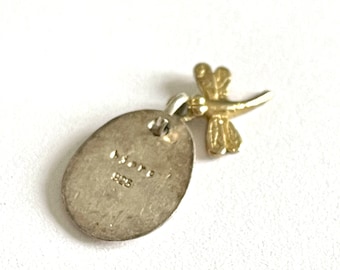 pendant charm 925 silver small oval flat medallion dragonfly charm in  gold tone metal stamped bjorg 925 patina vintage Danish jewellery