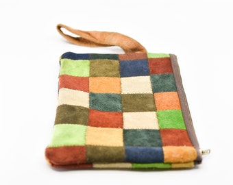pouch suede patchwork French vintage multicolour square zip front wrist strap clutch purse