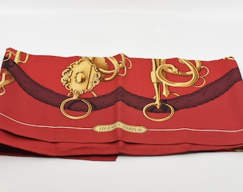 Hérmes scarf vintage original French vintage designer silk square foulard en soie 35" bordeaux red gold equestrian horse coach hardware 1970