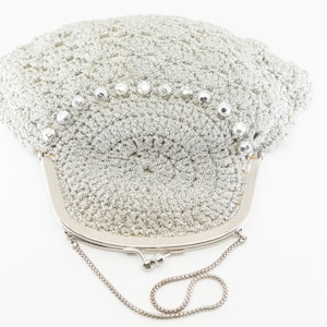 Bolso de mano de hilo plateado metalizado, bolso de mano de malla bordada, bolso de noche, asa de cadena, guantes largos a juego, estilo francés vintage para boda, fiesta de graduación, años 40