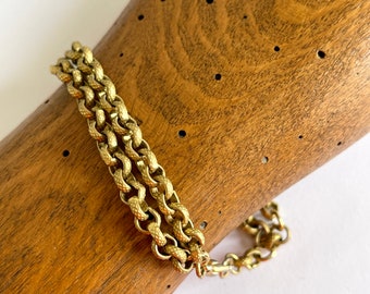 link chain bracelet French vintage maille doré hammered matt gold tone metal 2 strand mid century jewellery unusual adult size 70s rare 21g