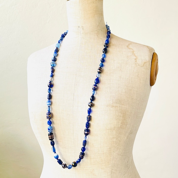 collier vénitien divers perles de verre bleu bijoux vintage unique long brin vintage Murano millefiori 100g 47cm 18.5" taille unique sans fermoir