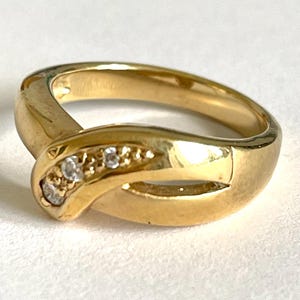 ring French vintage wedding statement costume jewellery gold tone metal band diamanté detail stamp AURO new old stock adult size U 58 1980s