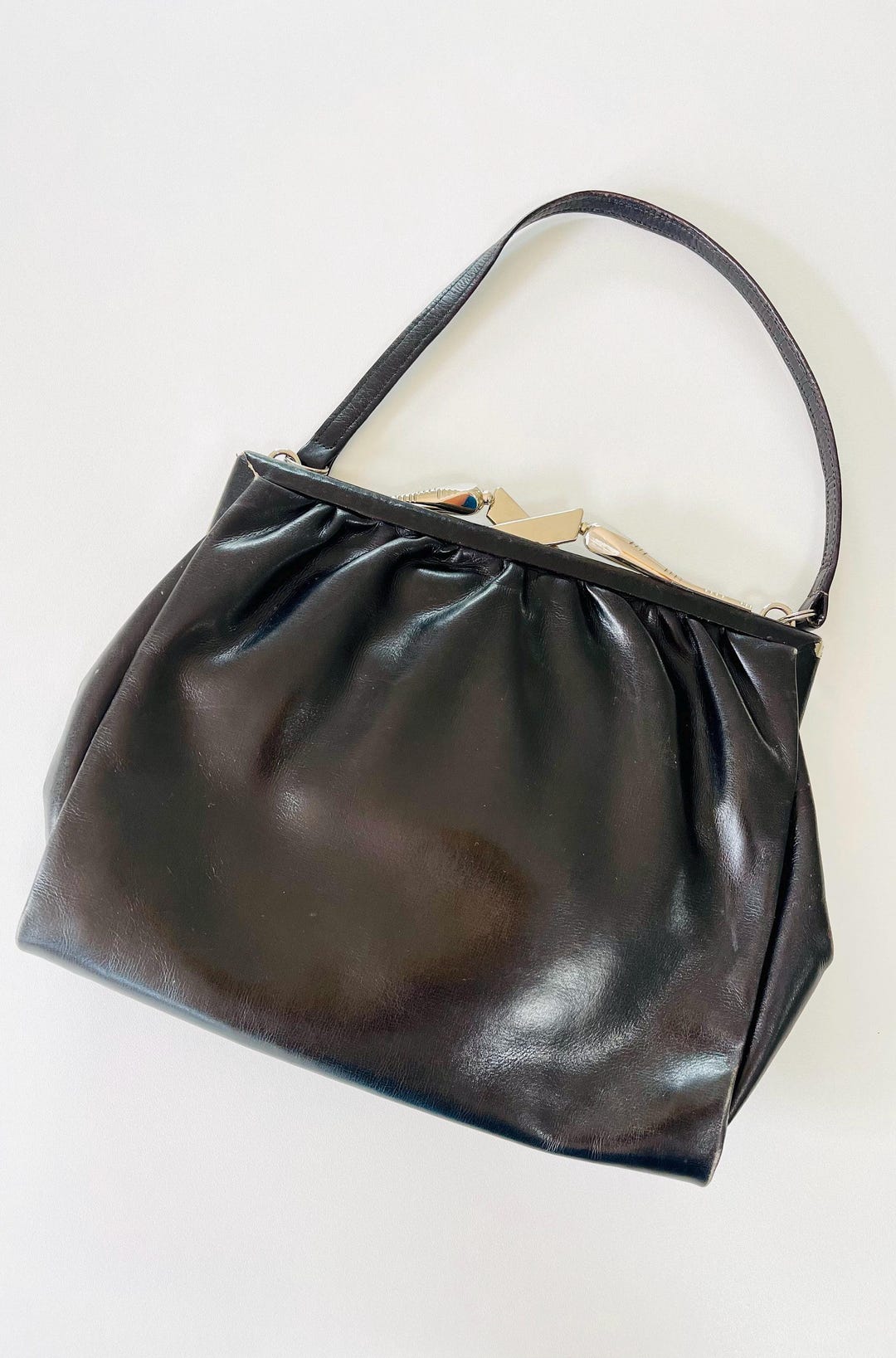 Handbag Black Leather LOUIS FERAUD French Vintage Monogram Initial