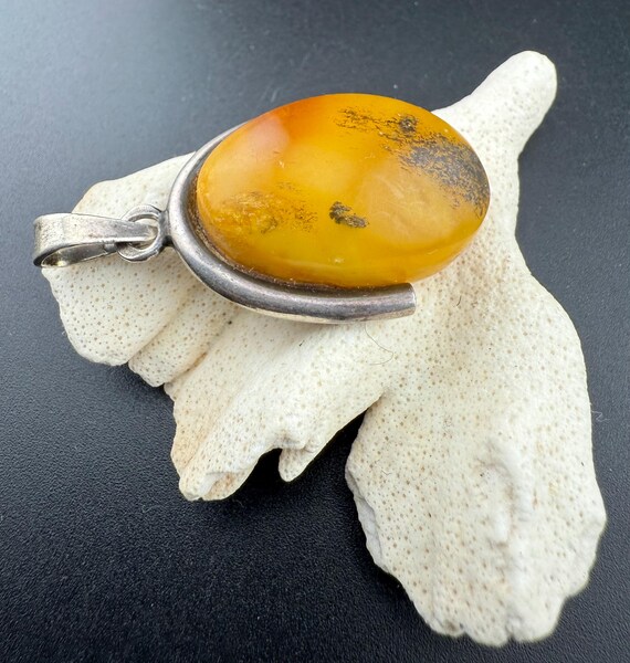 yellow amber cabochon solid silver pendant oval n… - image 2