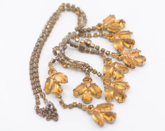 crystal bib necklace French antique costume jewellery collier ancien adjustable glam statement golden orange tone encrusted 1940s rare