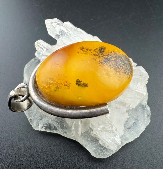 yellow amber cabochon solid silver pendant oval n… - image 3
