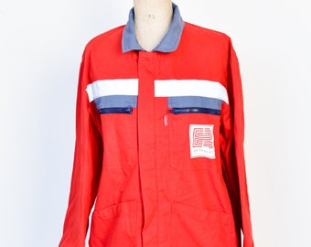 French vintage workwear jacket utility red blue DELTA ELEC logo hi vis strips pockets Lafonte polycotton blouson made in France FR 46 1990s