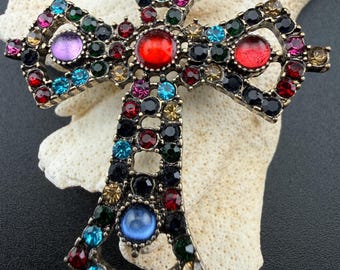 French vintage rhinestone cross brooch with multicolour cabochons Gothic revival statement pin 1980s costume jewellery