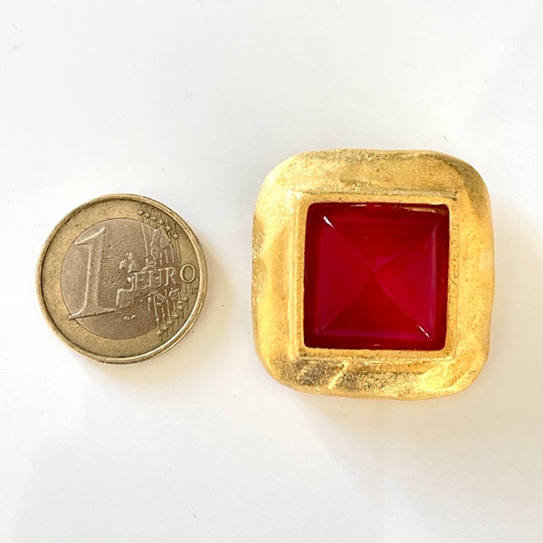 pendant and brooch French vintage Lancóme Paris red cabochon gold base stamp verso 1990s perfumier collectible jewellery glam gift under 50