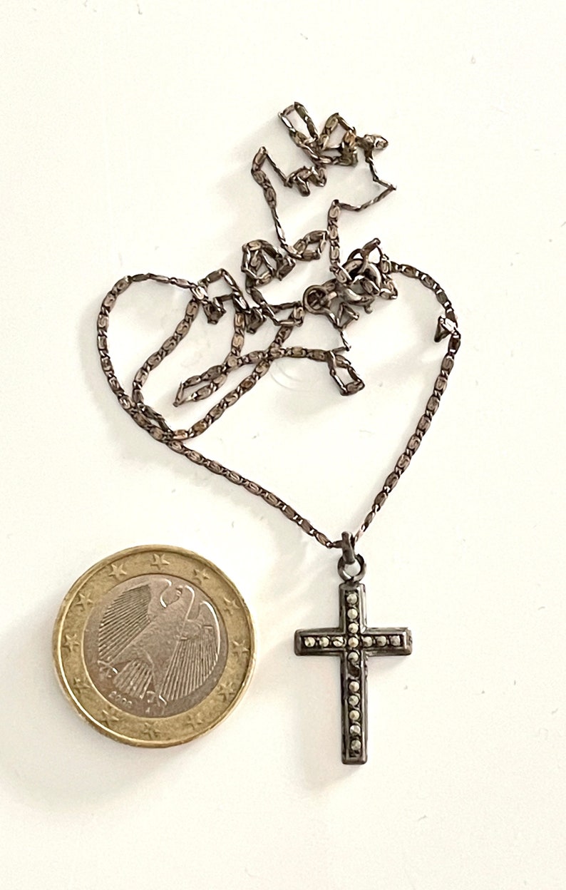 vecchio argento francese vintage piccolo ciondolo croce di LOURDES strass argento specialità catena marchio produttore collana di fede religiosa gioielli antichi 3g immagine 8