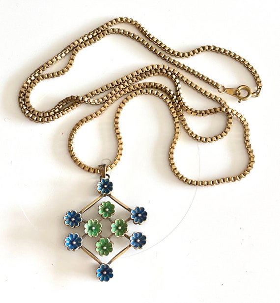 enamel flower pendant necklace French vintage MCM… - image 6