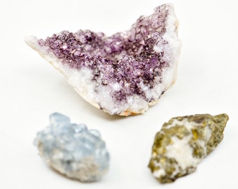 vintage crystals rocks set of 3 purple amethyst cluster sky blue celestite celestine mineral rock golden fleck unidentified collection 144g