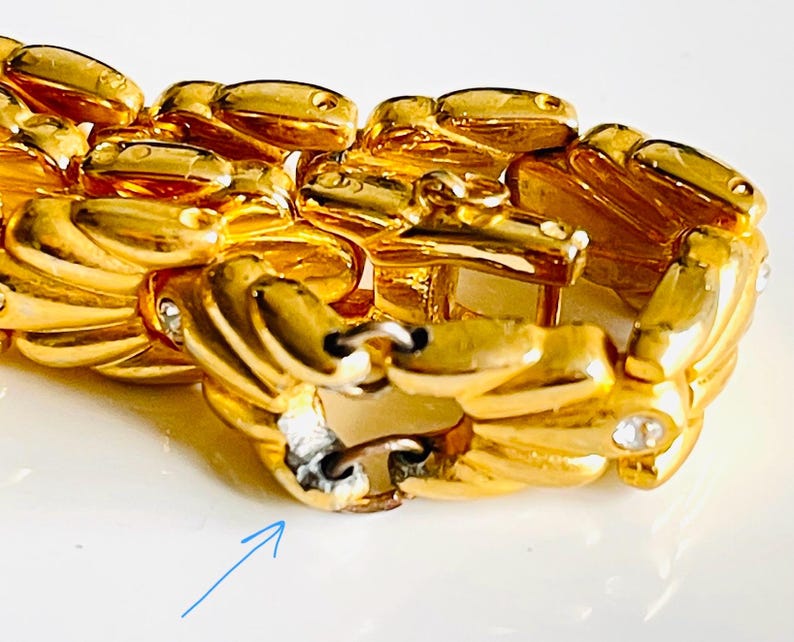 link chain bracelet French vintage polished gold tone jewelry speciality articulated diamanté safety chain mid century modern gift under 50