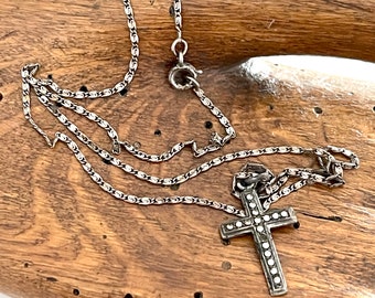 old silver French vintage tiny LOURDES cross pendant strass silver speciality chain maker mark religious faith necklace antique jewellery 3g