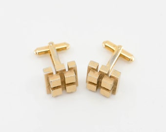cufflinks French vintage modernist brutalist cube square geometric relief pattern gold tone metal mid century jewellery wedding suit rare