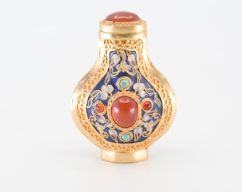 snuff bottle spoon vintage enamel gilt gold inlaid orange turquoise stones ornate perfume small miniature bottle collectible display rare