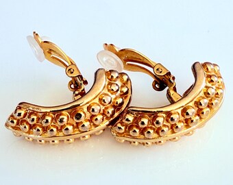 chunky retro clip on earrings half moon polished gold tone metal stamp French vintage costume jewellery runway statement bling rare 1980s