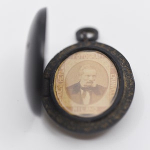 antique mourning locket oval vulcanite photograph pendant jewellery carved mythical interior & original clear insert Victorian C19th rare image 1