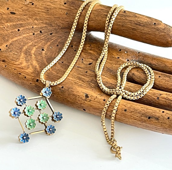 enamel flower pendant necklace French vintage MCM… - image 3