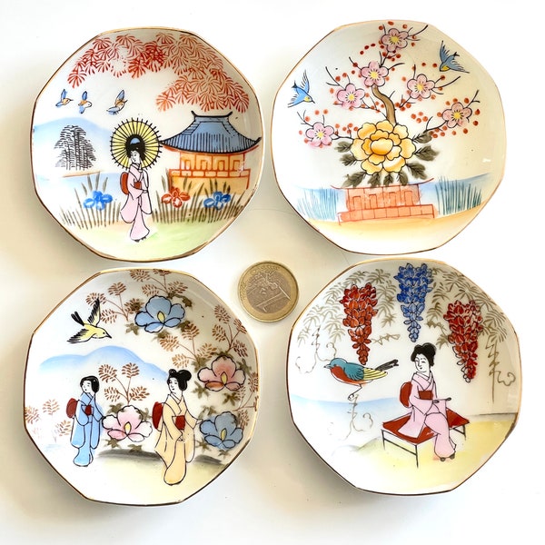 japanese octagonal small plate set of four painted vintage SUZUKI porcelain made in Japan nature oriental home decor trinket dish 1950s rare