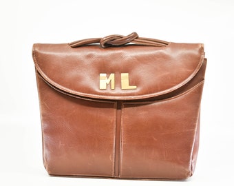 monogram handbag French art deco purse mirror ML gold letters brown vintage leather clutch bag top knot handle sac à main ancien 1930s rare