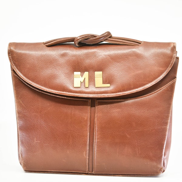 monogram handbag French art deco purse mirror ML gold letters brown vintage leather clutch bag top knot handle sac à main ancien 1930s rare