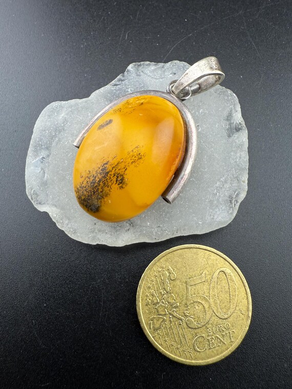 yellow amber cabochon solid silver pendant oval n… - image 9