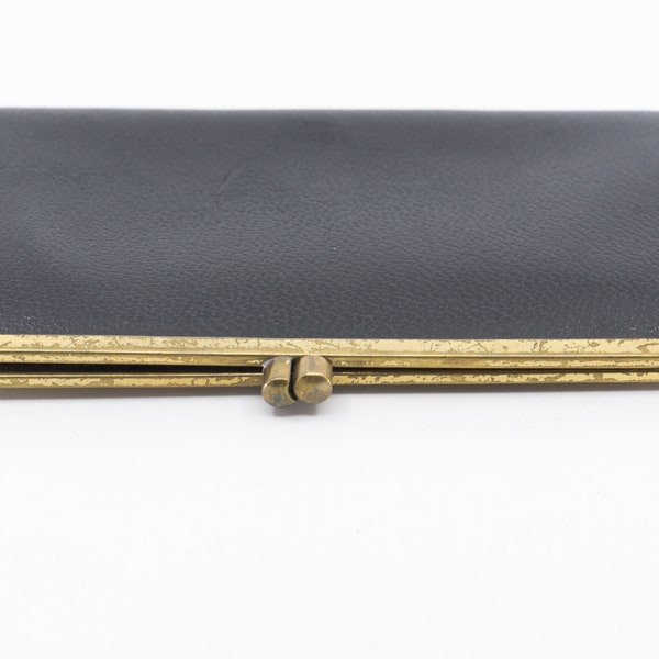 wallet purse French vintage LE TANNEUR black leather accessory porte monnaie slim long pouch gold tone clasp long made in France 1940s rare