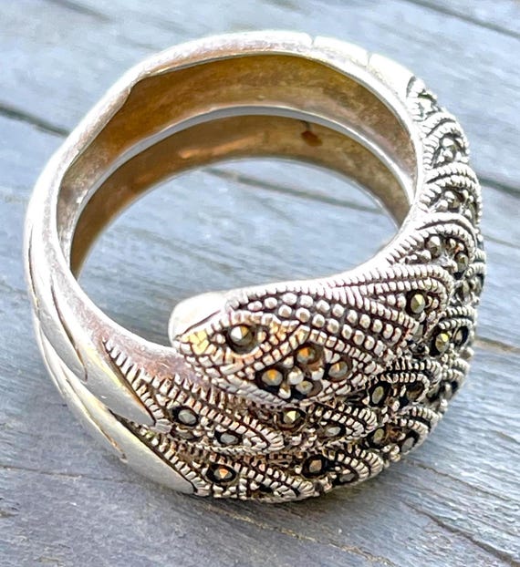 snake ring chunky hallmarked silver marcasite vin… - image 1