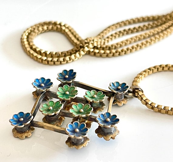 enamel flower pendant necklace French vintage MCM… - image 4
