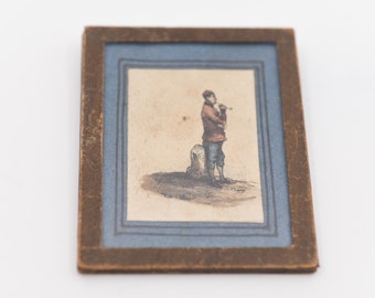 antique miniature engraving ancienne gravure vintage wall art asian opium pipe smoker framed picture small colour print rare collectible