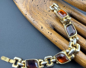 glam chunky link bracelet by David Grau Spanish vintage designer costume jewellery orange purple cabochon gold tone metal signed rare 1980s