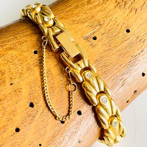 link chain bracelet French vintage polished gold tone jewelry speciality articulated diamanté safety chain mid century modern gift under 50