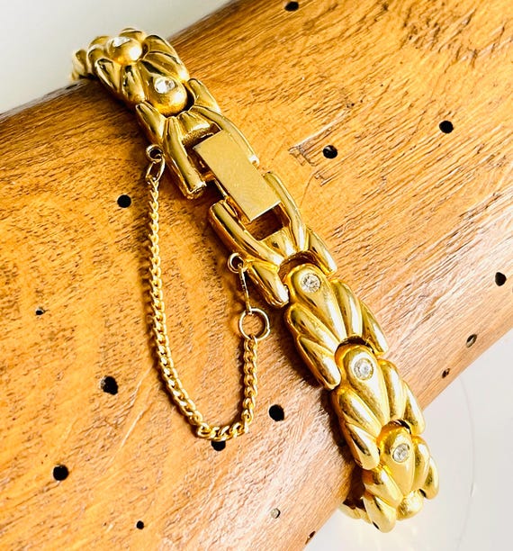 link chain bracelet French vintage polished gold tone jewelry speciality articulated diamanté safety chain mid century modern gift under 50